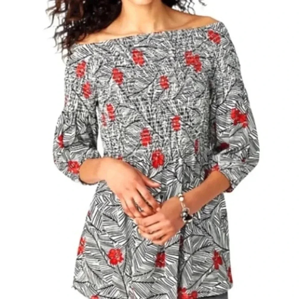 J. Jill Red Black Floral 3/4 Sleeve Smocked Off The Shoulders Blouse Top Size XL